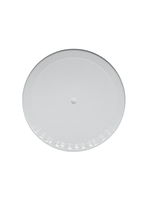 Round white ceiling light fixture on a white background