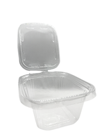 Clear plastic food container with lid on a white background