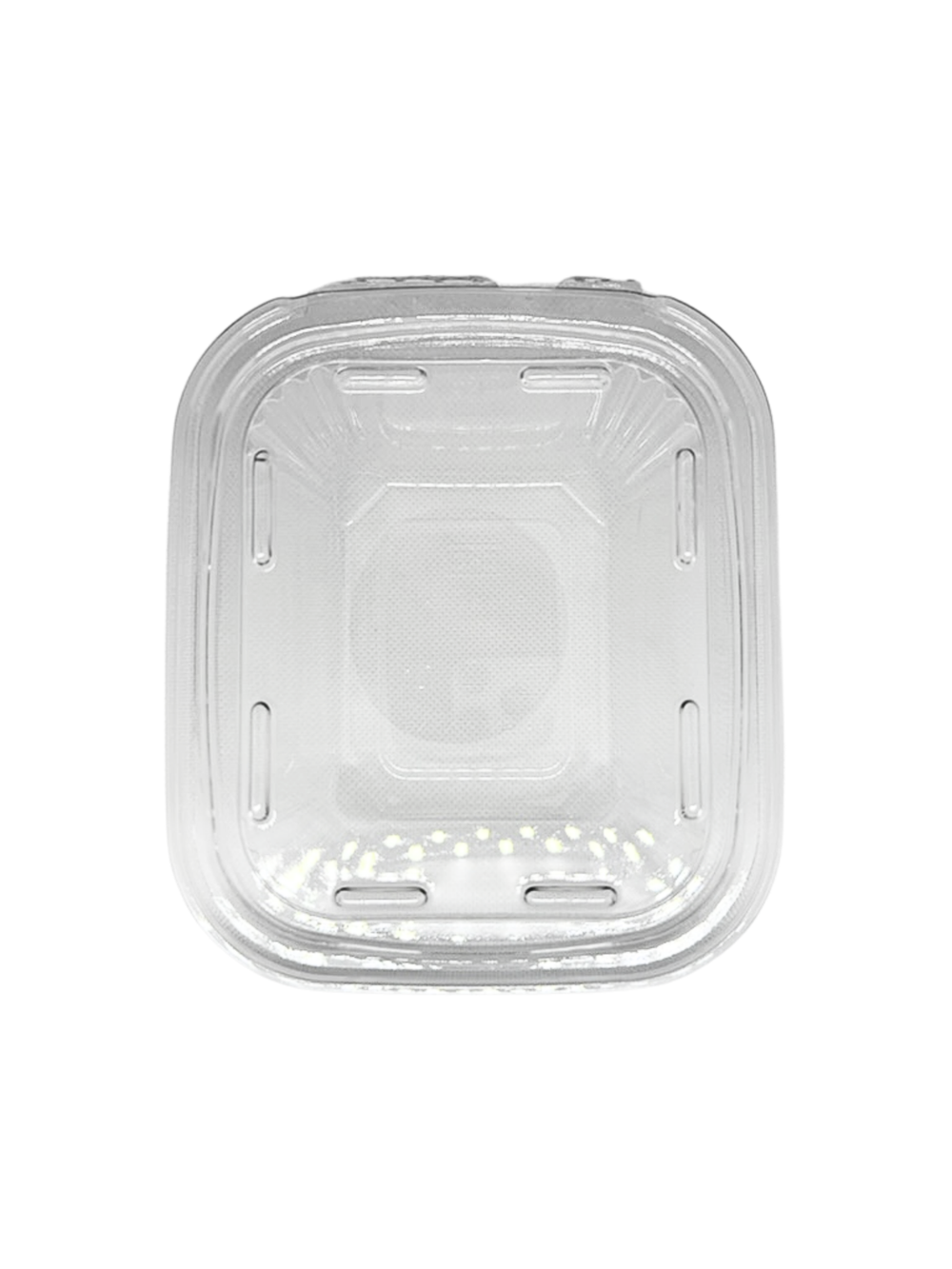 Clear plastic food container with lid on a white background