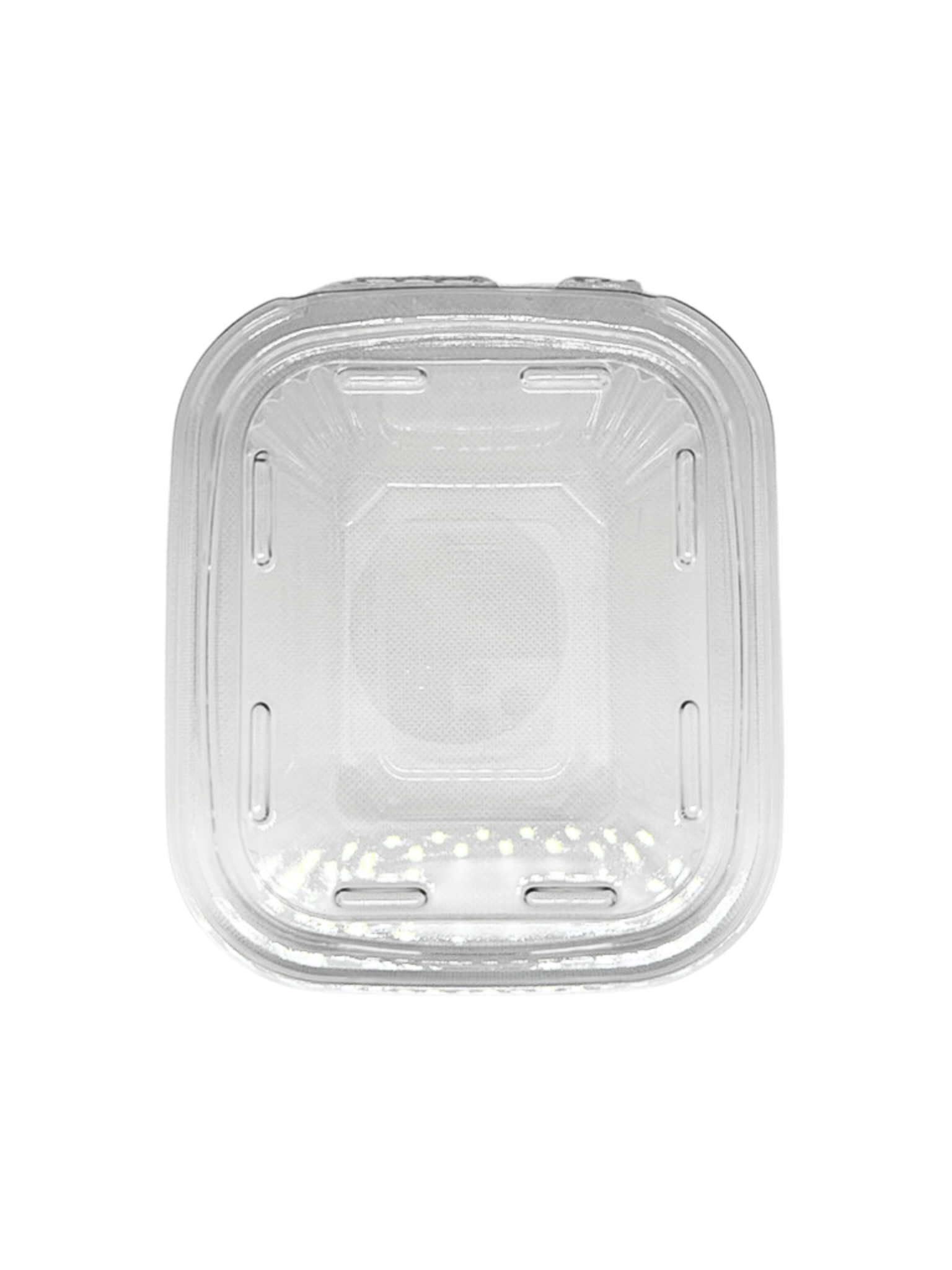 Clear plastic food container with lid on a white background