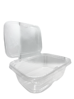 Clear plastic food container with lid on a white background
