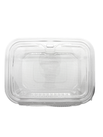 Clear plastic food container with lid on a white background