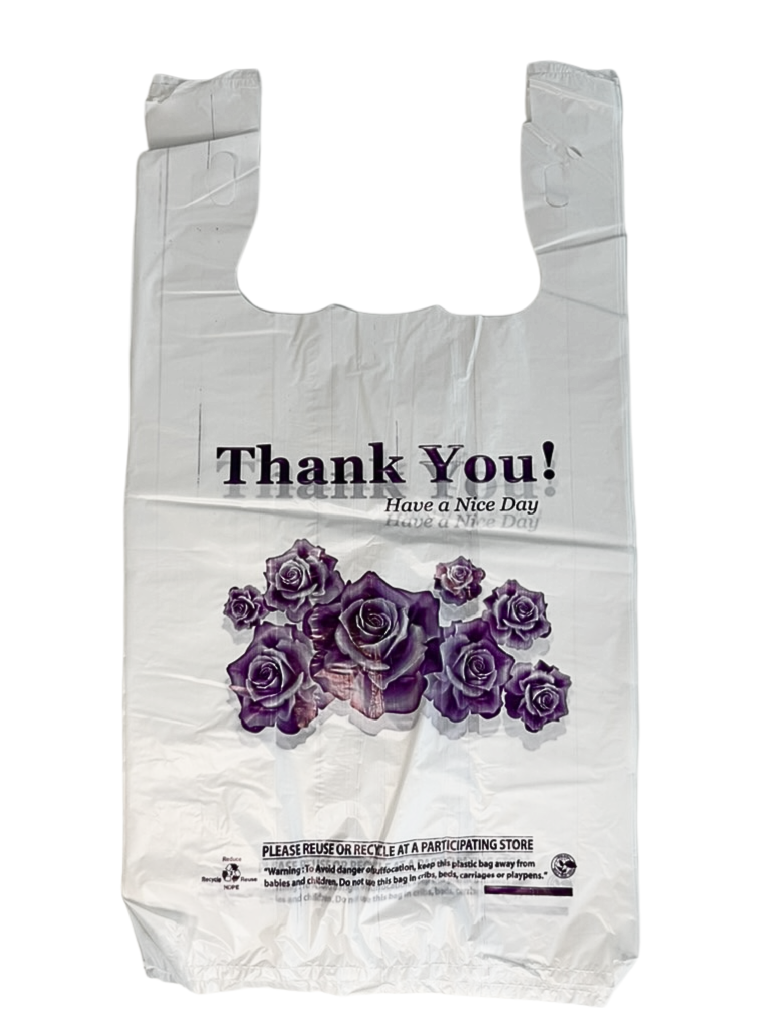 White plastic bag with purple roses and 'Thank You! Have a Nice Day' text on a white background
