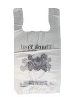 White plastic bag with black text and graphics on a white background