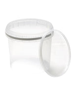 Clear plastic container with a lid on a white background