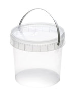 Clear plastic container with a handle on a white background