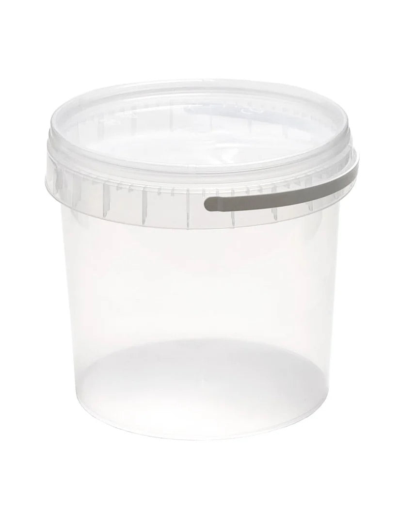 Clear plastic container with a lid on a white background