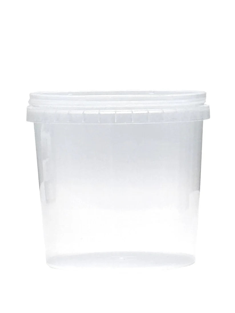 Clear plastic containers with lids on a white background