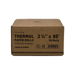 Box of thermal paper rolls with specifications on a white background