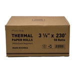 Cardboard box of thermal paper rolls with specifications on a white background