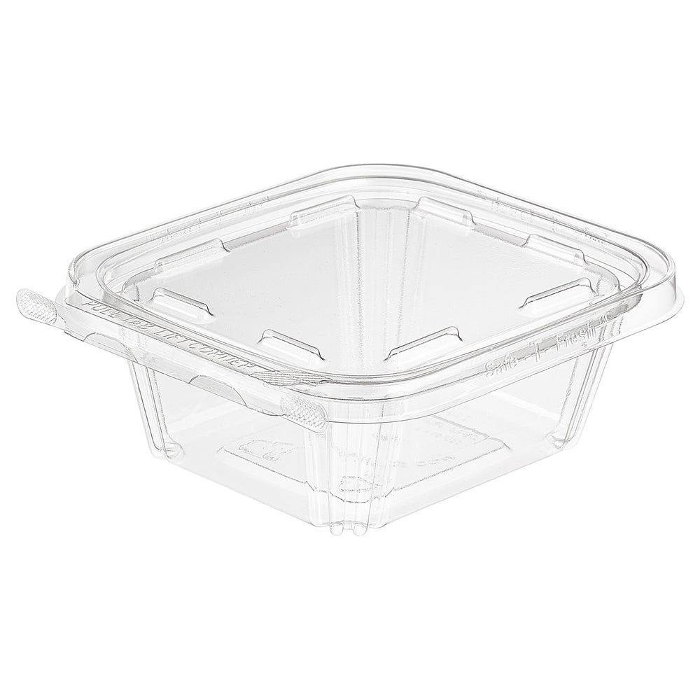 Clear plastic food container with lid on a white background