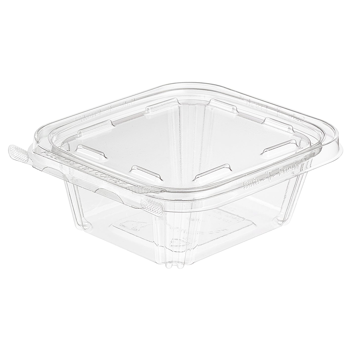 Clear plastic food container with lid on a white background