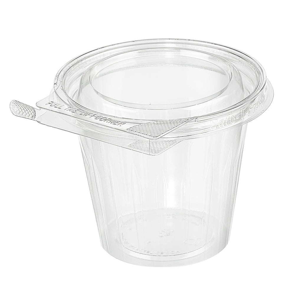 Clear plastic container with lid on a white background