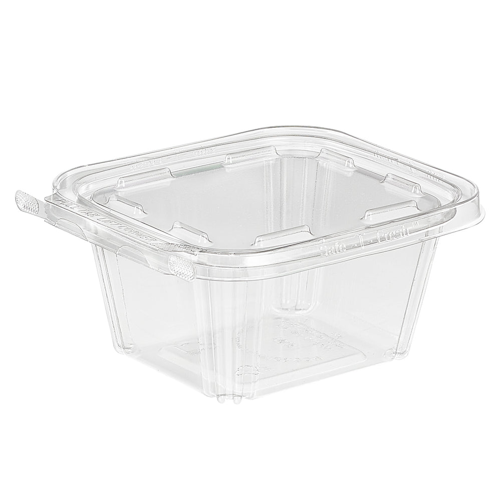 Clear plastic food container with lid on a white background