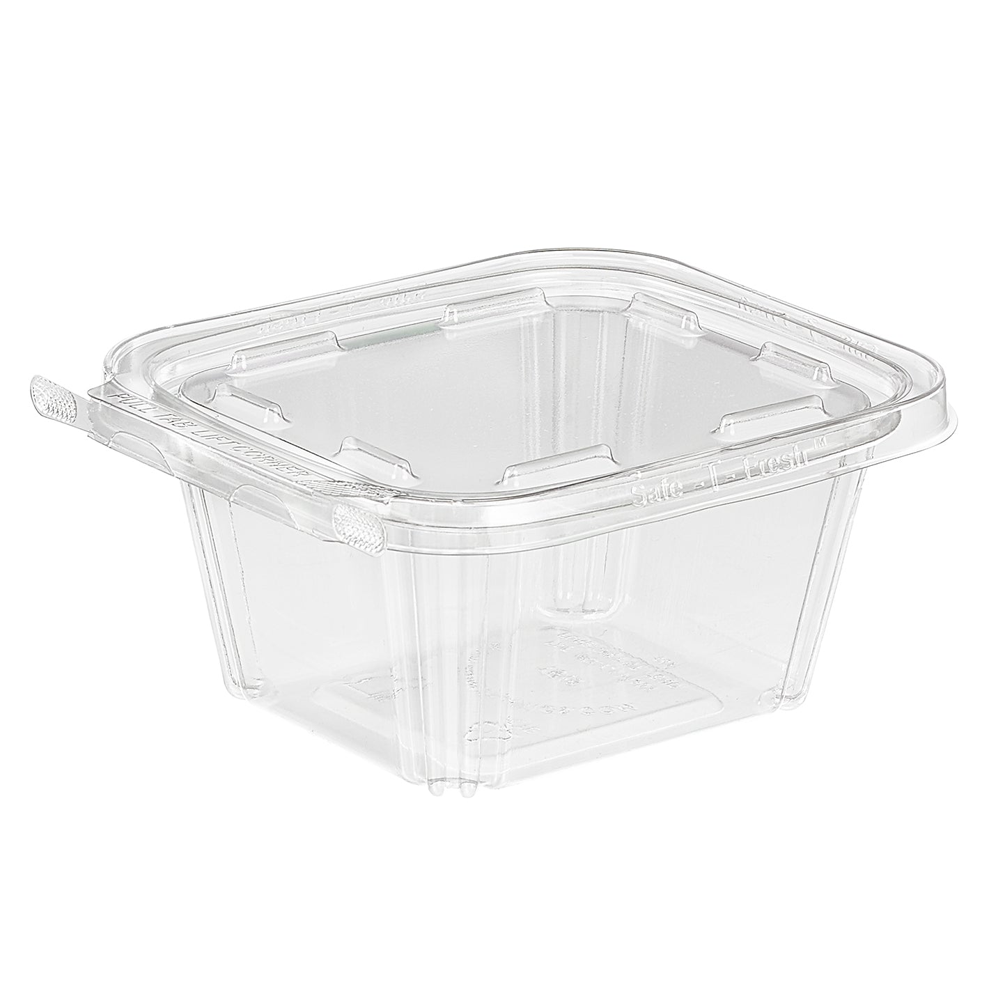 Clear plastic food container with lid on a white background