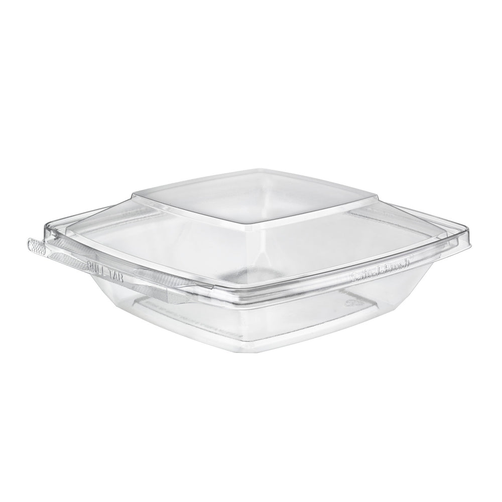 Clear plastic food container with lid on a white background