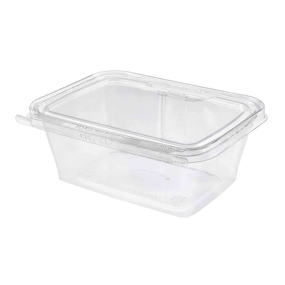 Clear plastic food container with lid on a white background