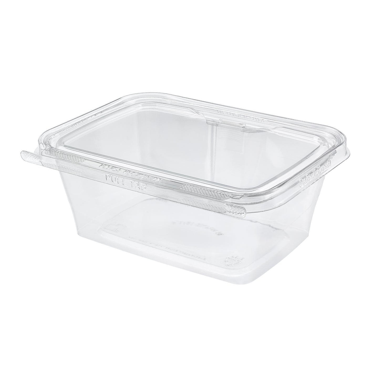 Clear plastic food container with lid on a white background