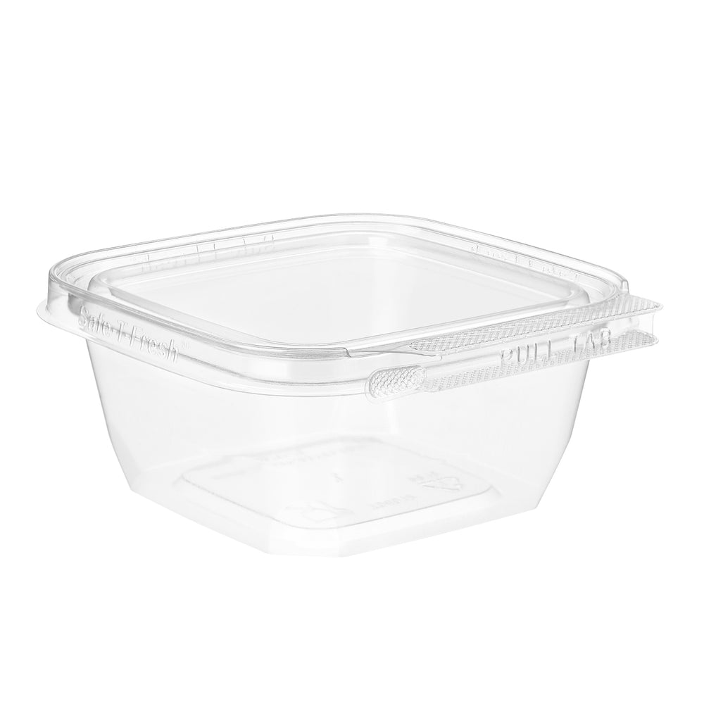 Clear plastic food container with lid on a white background