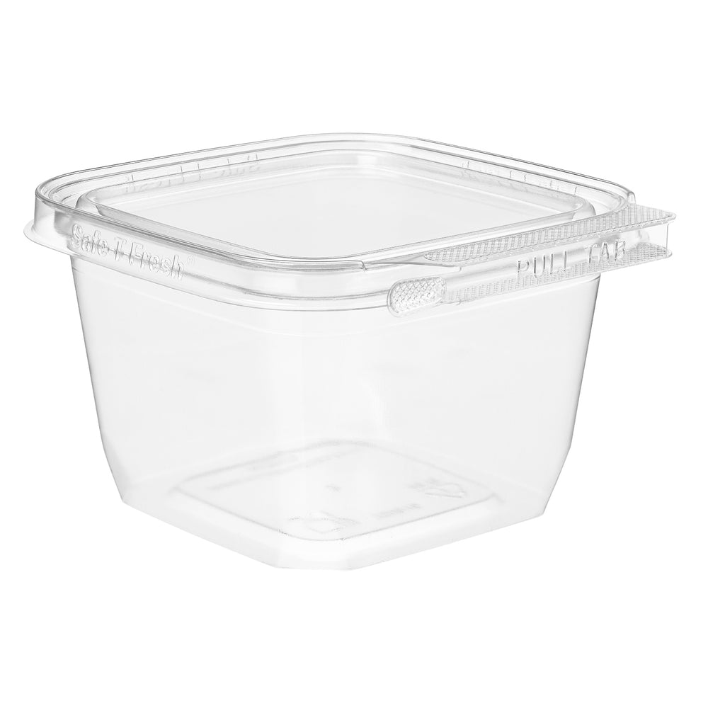 Clear plastic food container with lid on a white background