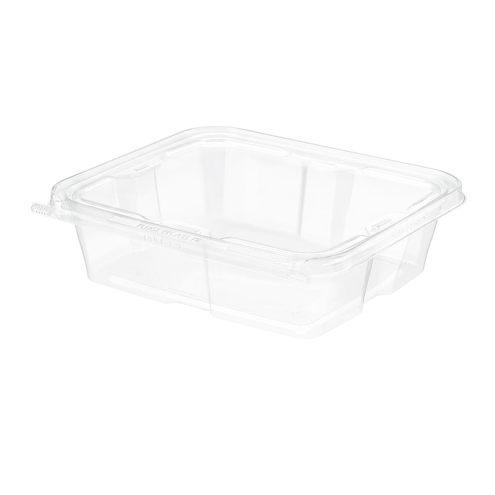 Clear plastic container with lid on a white background