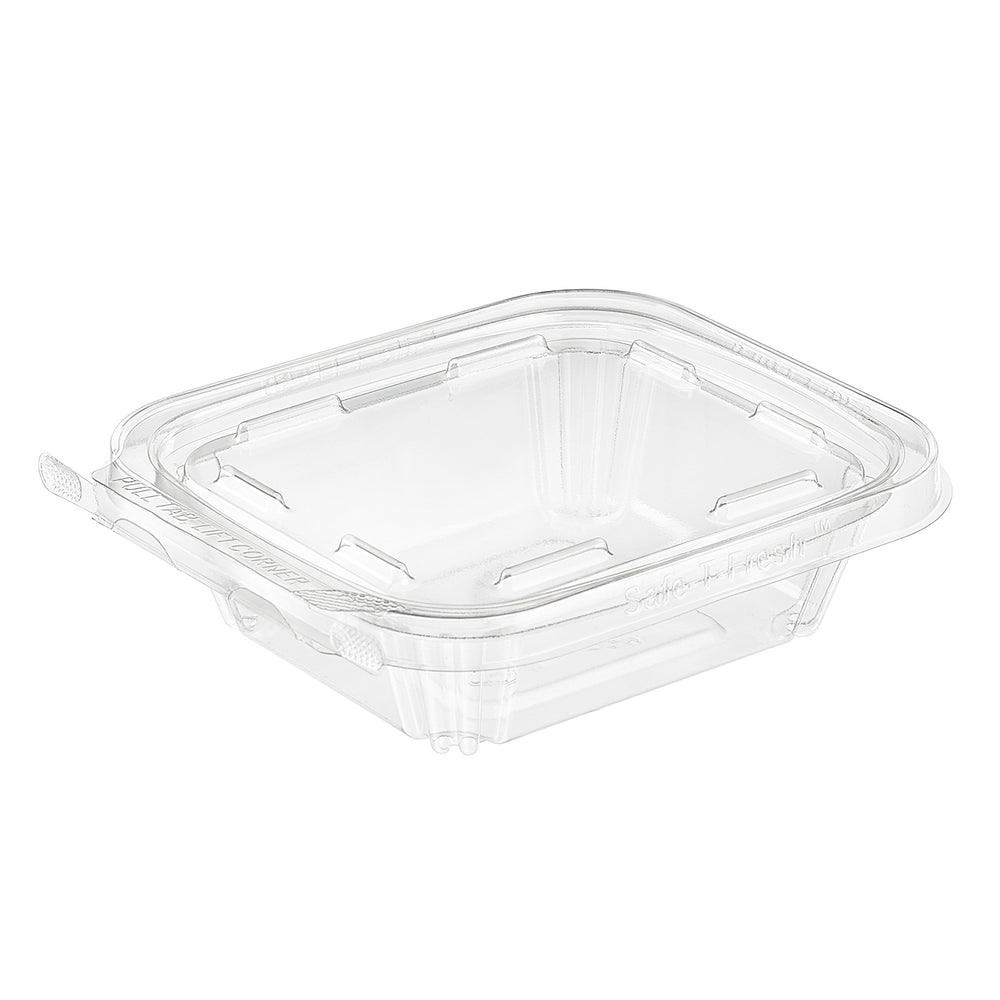 Clear plastic container with lid on a white background