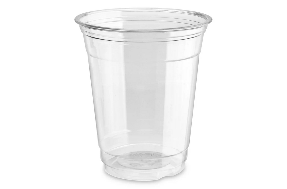 Clear plastic cup on a white background