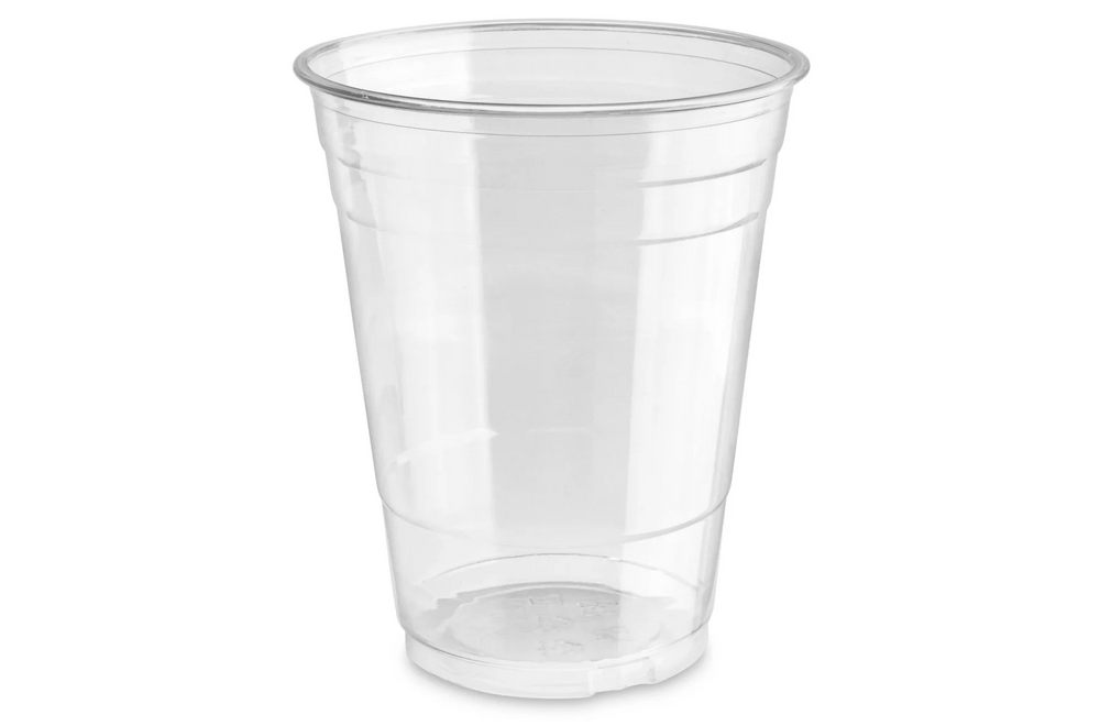 Clear plastic cup on a white background