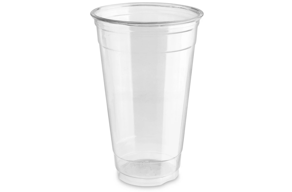 Clear plastic cup on a white background