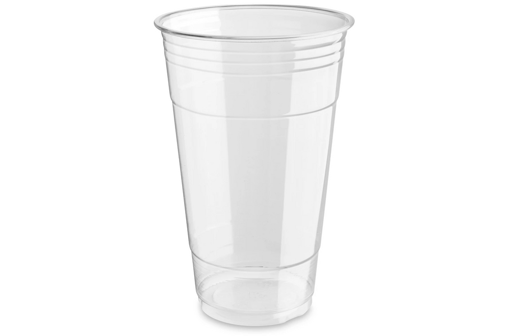 Clear plastic cup on a white background