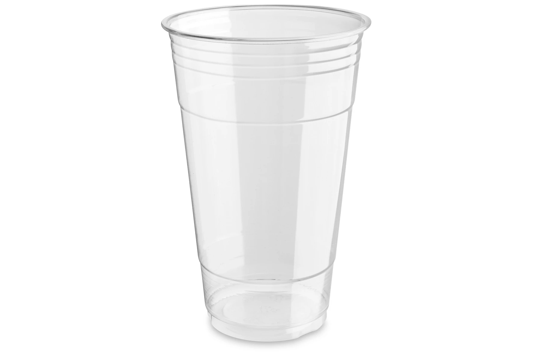 Clear plastic cup on a white background