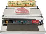 Vacuum packaging machine with a roll of packaging material and a package of meat on a white background