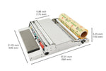 Laminating machine with dimensions labeled on a white background