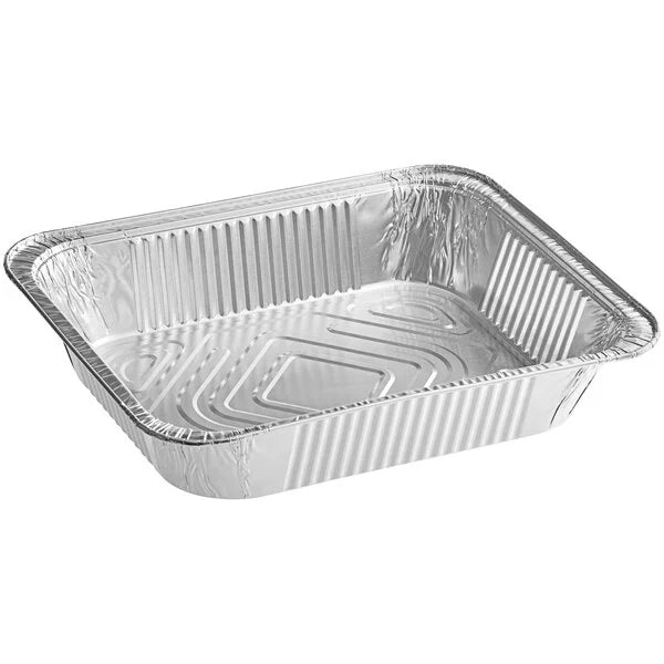 Rectangular aluminum foil pan on a white background