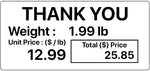 Label with weight, unit price, and total price information on a white background